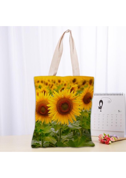 19 Varış Ayçiçeği Katlanabilir Alışveriş den Kullanılabilir Eko Büyük Unisex Kanvas Kumaş Omuz Tote 0918 Çantası (Yurt Dışından)