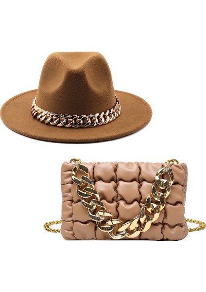 Imsı Şapka 2 Adet Kadın Fedora Şapka Seti Yumuşak Pu Zincir Kadın Omuz Kadın Gelgit Kafes Tasarımcı Için Crossbody Çantası (Yurt Dışından)