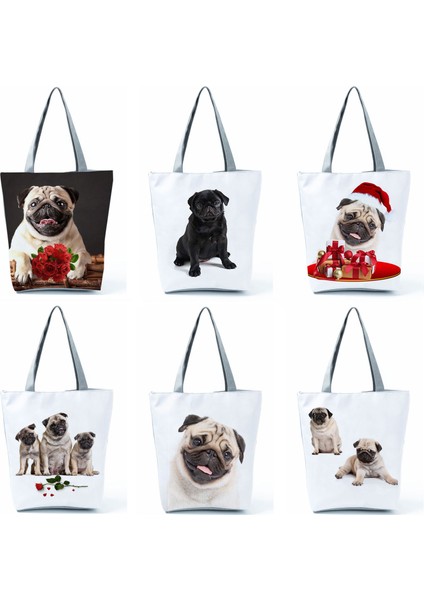 HL1505 Pug Köpek Baskılı Pug Yüksek Kapasiteli Eko den Kullanılabilir Alışveriş Kadın Çiçek Seyahat Depolama Tote Tüm Maç Özel Desen Çantası (Yurt Dışından)