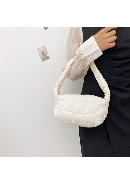 Küçük Tote Kafes Kış Uzay Pedi Pamuk Crossbody Kadın Büyük Kapasiteli Bez Tüy Yastıklı Shopper Kapitone Çantası (Yurt Dışından)