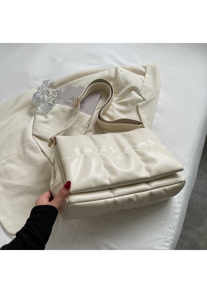 Bej Kış Kabarık Kadın Omuz Kapitone Ekose Tasarımcı Minimalist Kadın Flap Crossbody Çantası (Yurt Dışından)