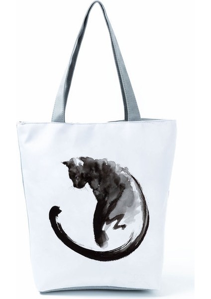 HL2492 Kedi Tote Özelleştirilmiş Eco Tote Alışveriş Kedi Baskı Kadın Polyester Tote Casual Seyahat Plaj Taşınabilir Kadın Çantası (Yurt Dışından)