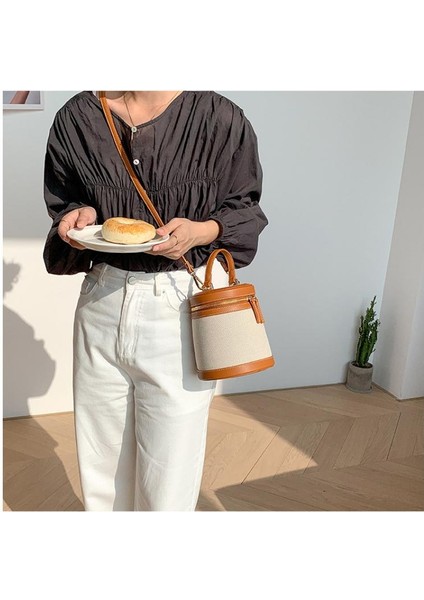Silindir Kova Kadın Için Tuval Omuz Crossbody Kadın Shopper Handler Ins Çantası (Yurt Dışından)