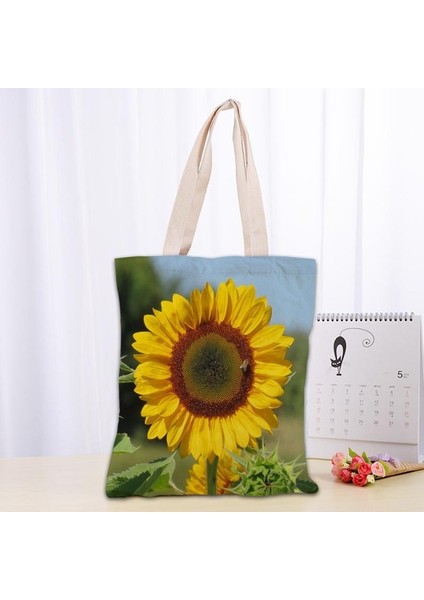 22 Varış Ayçiçeği Katlanabilir Alışveriş den Kullanılabilir Eko Büyük Unisex Kanvas Kumaş Omuz Tote 0918 Çantası (Yurt Dışından)