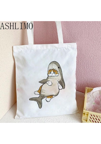 C470 Kawaii Köpekbalığı Kedi Alışveriş Kadın Kanvas Bolsa Shopper Bolso Alışveriş Yüksek Kapasiteli Tote den Kullanılabilir Ecobag Çantası (Yurt Dışından)