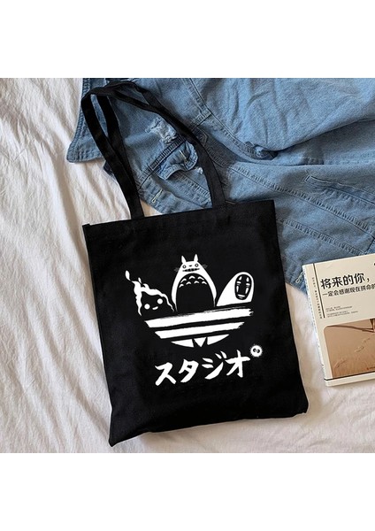 BLACK8003 Anime Totoro Alışveriş Grafik Tote Harajuku Alışveriş Kadın Tuval Omuz Kadın Ulzzang Komik Eko Ruhların Kaçışı Çantası (Yurt Dışından)