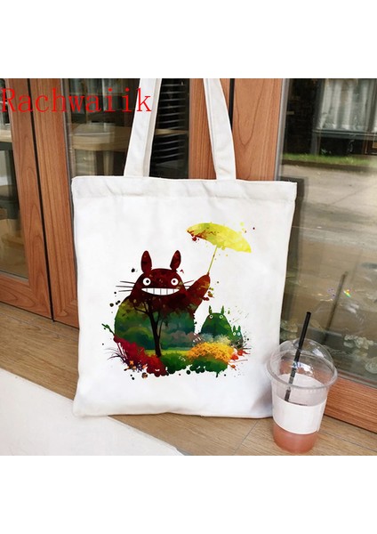 WHITE26 Anime Totoro Alışveriş Grafik Tote Harajuku Alışveriş Kadın Kanvas Omuz Kadın Ulzzang Komik Eko Ruhların Kaçışı Çantası (Yurt Dışından)