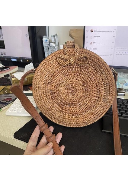 22X10 Ins Popüler Kadın El Yapımı Yuvarlak Plaj Omuz Bali Daire Hasır Yaz Dokuma Rattan Kadın Messenger Çantası (Yurt Dışından)