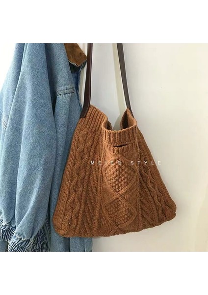 Kadın Yün Örme Örgü Criss Çapraz Genç Tığ Kış Kore Retro Chic Büyük Kapasiteli Omuz Çantası (Yurt Dışından) modelleri