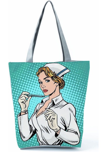 HL1236 Hemşire Karikatür Hemşire Baskılı Kadın Omuz Yüksek Kapasiteli Açık Seyahat Plaj Kullanım Kadın Alışveriş Özel Desen Çantası (Yurt Dışından)