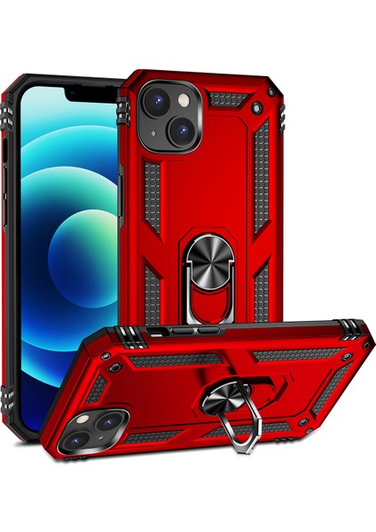 iPhone 15 ile Uyumlu Kılıf Z-Vega Shockproof Standlı Yüzük Tutuculu Mega Case Kapak Kırmızı