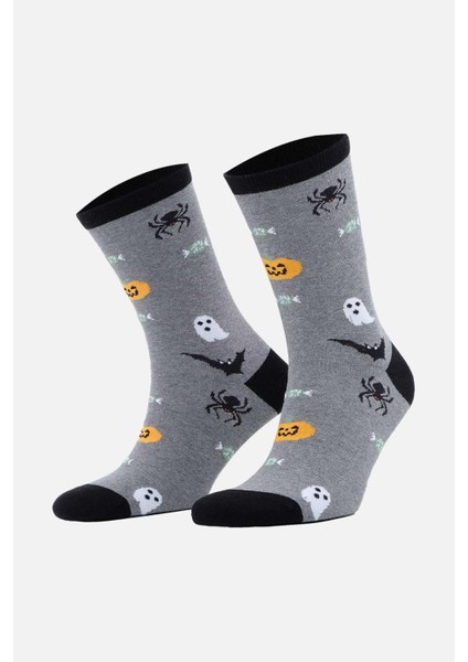 Pamuklu Halloween Temalı Gri Soket Çorap - A-49007-G