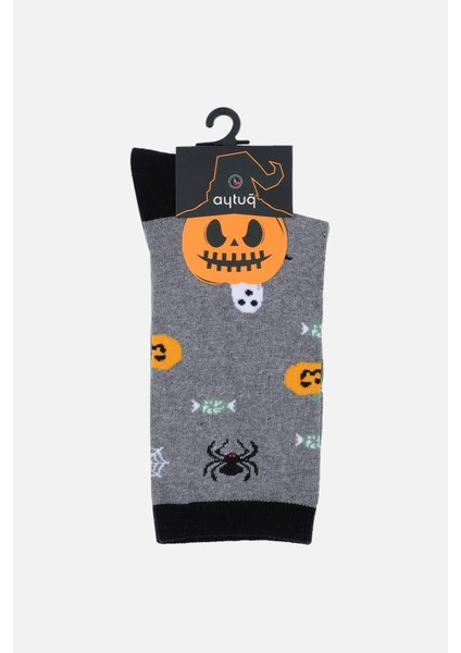 Pamuklu Halloween Temalı Gri Soket Çorap - A-49007-G
