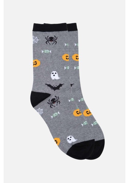 Pamuklu Halloween Temalı Gri Soket Çorap - A-49007-G