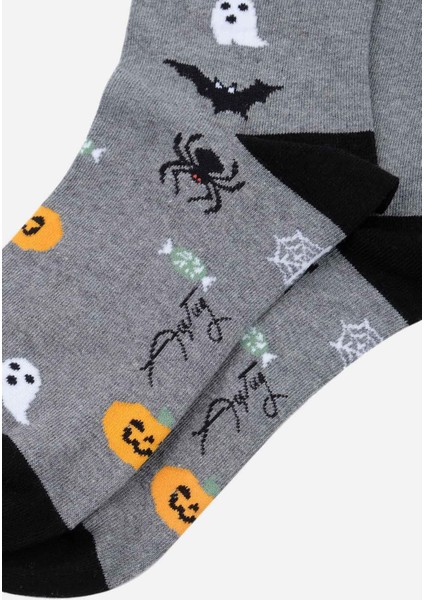 Pamuklu Halloween Temalı Gri Soket Çorap - A-49007-G