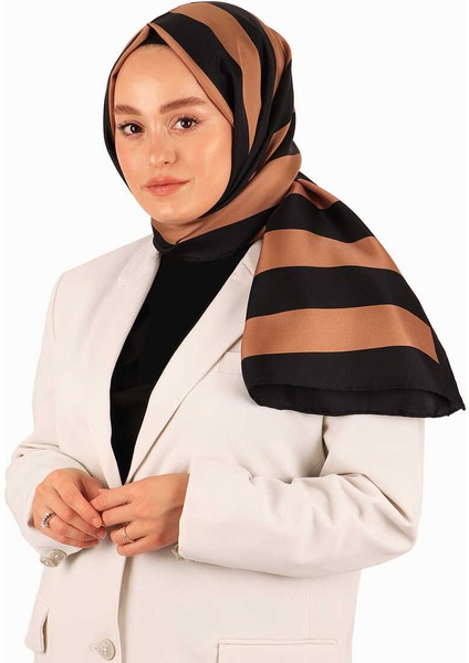 Taba Çizgi Desen Twill Ipek Şal