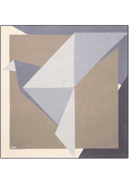 Ekru Gri Geometrik Desen Twill Ipek Eşarp