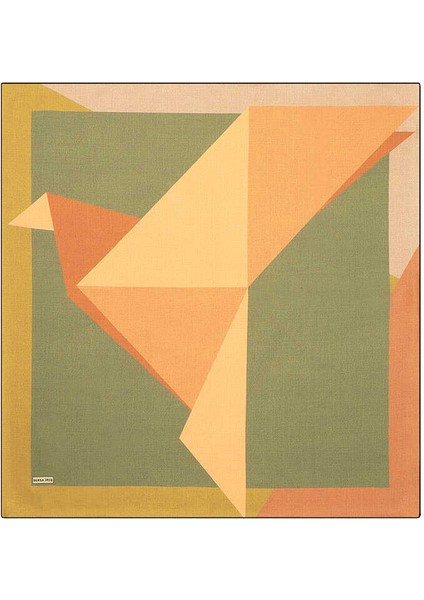 Yeşil Haki Geometrik Desen Twill Ipek Eşarp