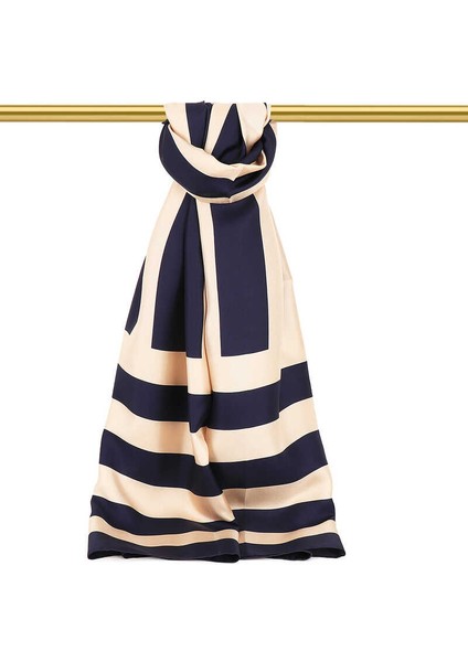 Lacivert Çizgi Desen Twill Ipek Şal