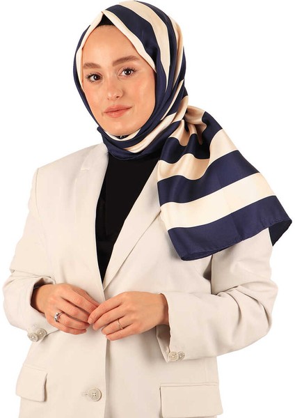 Lacivert Çizgi Desen Twill Ipek Şal modelleri
