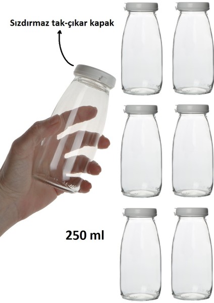 Şeffaf Cam Şişe Süt Ayran Limonata Meşrubat Şişesi 6 Adet 250 ml