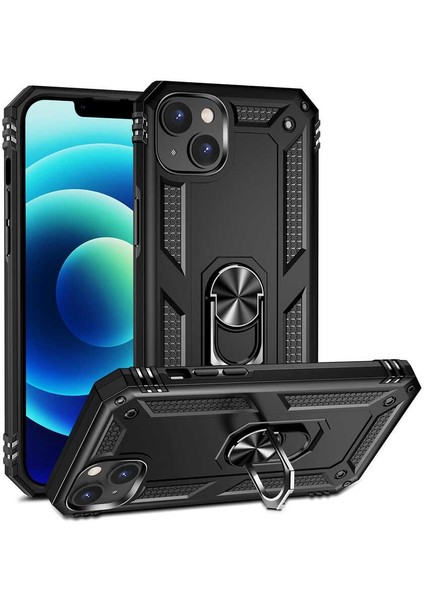 Apple iPhone 15 Kılıf Vega Sert Silikon Tank Standlı Yüzüklü Mıknatıslı+Nano Siyah