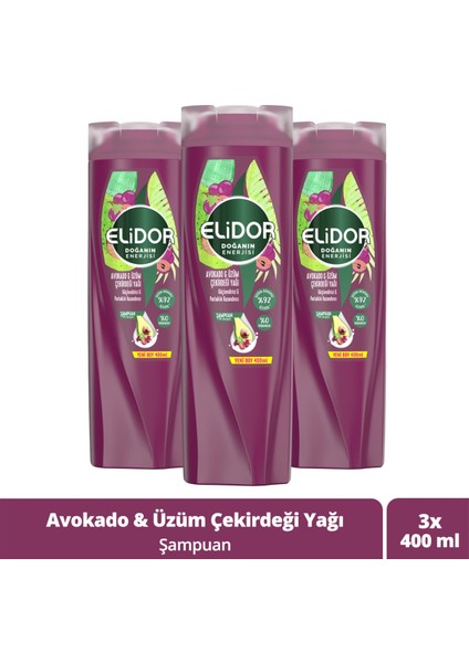 Doğanın Enerjisi Saç Bakım Şampuanı Avokado ve Üzüm Çekirdeği Yağı Güçlendirici & Parlaklık Kazandırıcı 400 ml X3