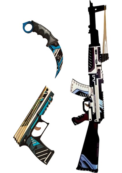 Ahşap Cs-Go AK47 Vulkan Skin Kaplamalı Tabancalı ve Karambiteli Full Set