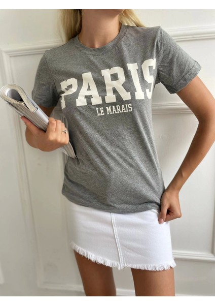 Kadın Basic Tişört Paris Le Marais Baskılı Gri fiyatları