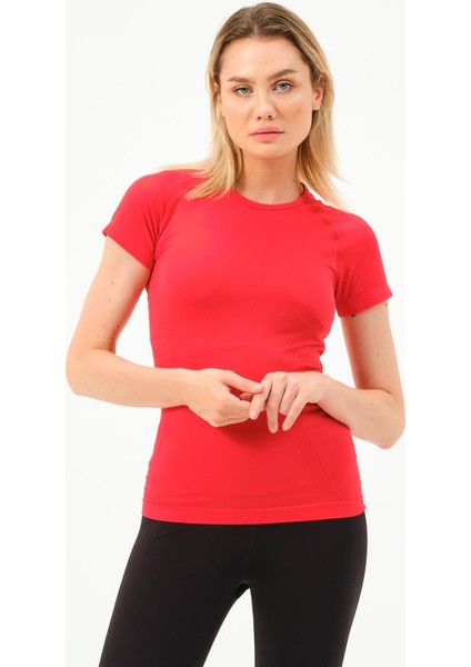 P-007899-KADIN Seamless (Dikişsiz) Yumuşak Dokulu Spor Kısa Kol T-Shirt-Kırmızı