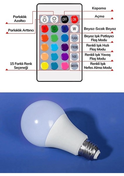 Renk Değiştiren LED Ampul - Dimmerli 9W Rgb - Uzaktan Kumandalı LED Ampul Renkli Ampül