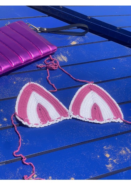 El Örgüsü Pembe Üçgen Bikini Üstü