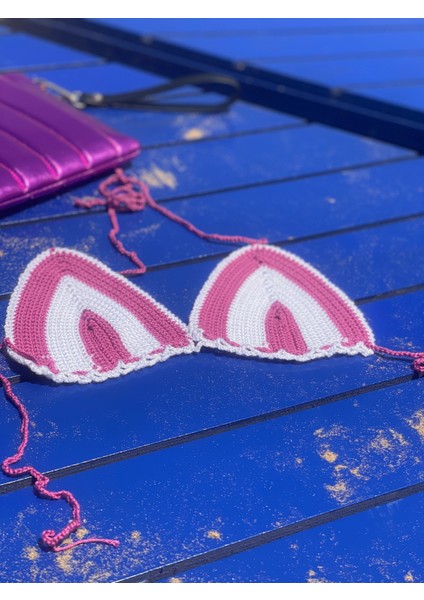 El Örgüsü Pembe Üçgen Bikini Üstü modelleri