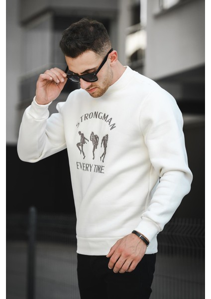 Strong Man Nakışlı Üç Iplik Şardonlu Yarım Balıkçı Yaka Erkek Sweatshirt