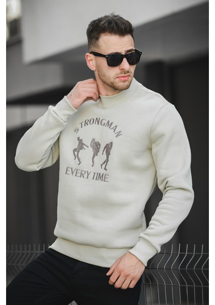 Strong Man Nakışlı Üç Iplik Şardonlu Yarım Balıkçı Yaka Erkek Sweatshirt