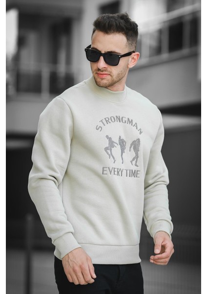 Strong Man Nakışlı Üç Iplik Şardonlu Yarım Balıkçı Yaka Erkek Sweatshirt