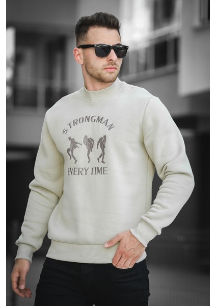 Strong Man Nakışlı Üç Iplik Şardonlu Yarım Balıkçı Yaka Erkek Sweatshirt