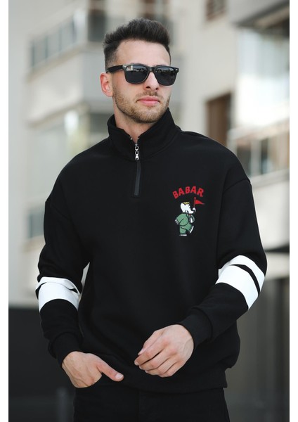 Babar Üç Iplik Şardonlu Nakışlı Fermuarlı Dik Yaka Oversize Erkek Sweatshirt