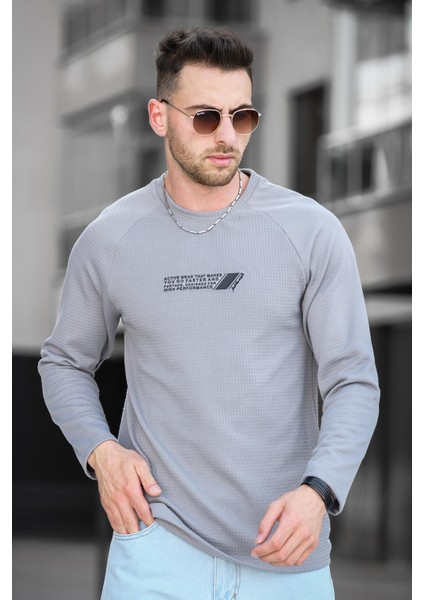Further Enjeksiyon Baskılı Reglan Kol Slim Fit Likralı Sıfır Yaka Erkek Sweatshirt
