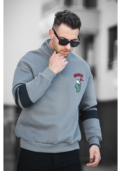 Babar Üç Iplik Şardonlu Nakışlı Fermuarlı Dik Yaka Oversize Erkek Sweatshirt