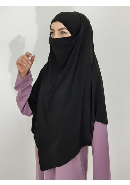 Sufle Hazır Baglamalı Büyük Esarp Hijap Hac Umre Icin Uygundur Sandy Kumas Siyah Renk