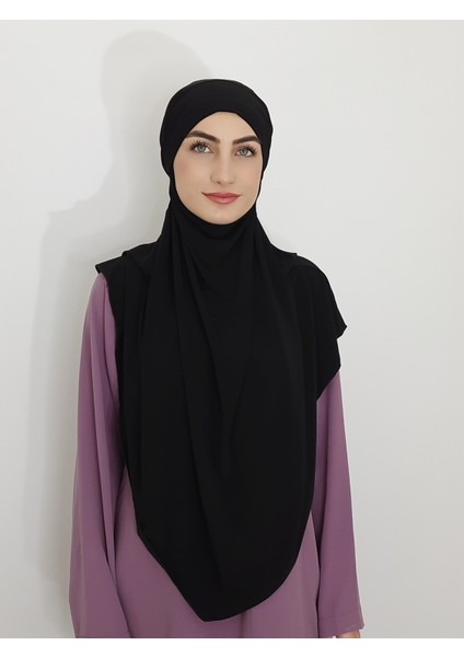 Sufle Hazır Baglamalı Büyük Esarp Hijap Hac Umre Icin Uygundur Sandy Kumas Siyah Renk