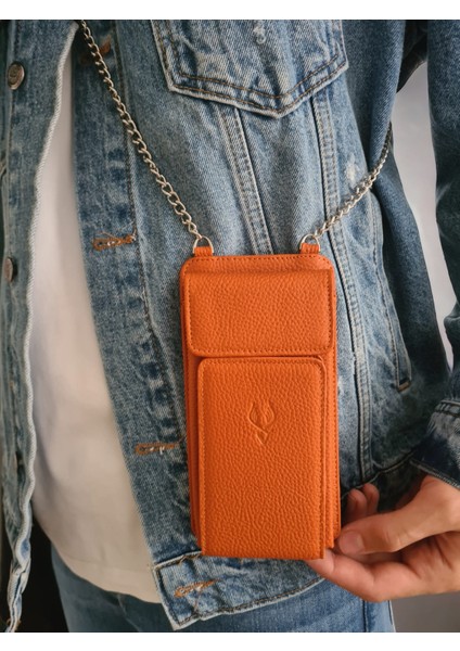 5008 Deri Erkek Kadın Kullanımlı Boyun ve Omza Takılan Zincir & Deri Askılı Telefon Hazneli Çanta