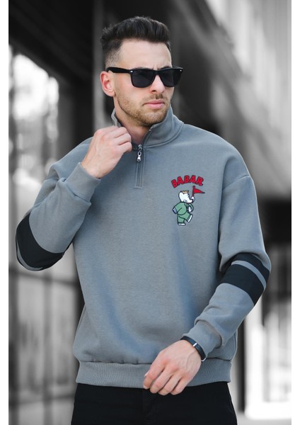 Babar Üç Iplik Şardonlu Nakışlı Fermuarlı Dik Yaka Oversize Erkek Sweatshirt