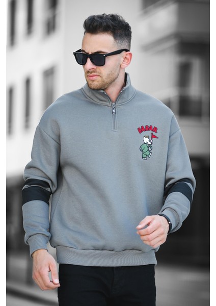 Babar Üç Iplik Şardonlu Nakışlı Fermuarlı Dik Yaka Oversize Erkek Sweatshirt fiyatları