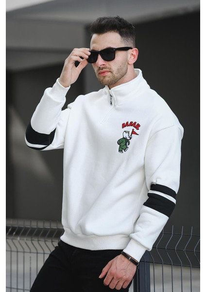 Babar Üç Iplik Şardonlu Nakışlı Fermuarlı Dik Yaka Oversize Erkek Sweatshirt