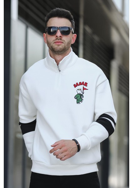 Babar Üç Iplik Şardonlu Nakışlı Fermuarlı Dik Yaka Oversize Erkek Sweatshirt