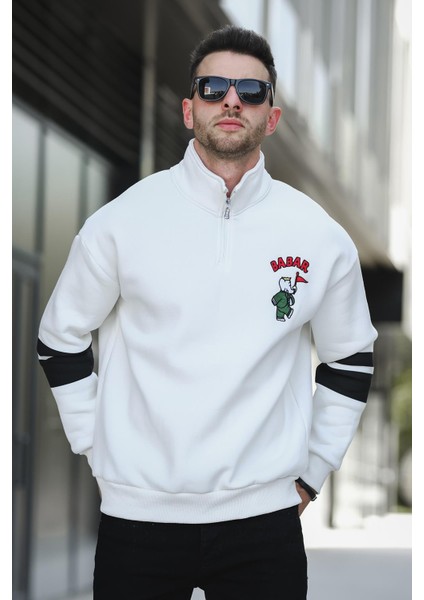 Babar Üç Iplik Şardonlu Nakışlı Fermuarlı Dik Yaka Oversize Erkek Sweatshirt
