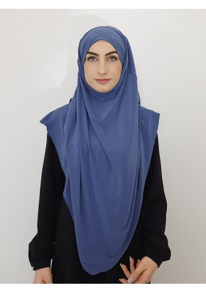 Sufle Hazır Baglamalı Büyük Esarp Hijap Hac Umre Icin Uygundur Sandy Kumas Indigo