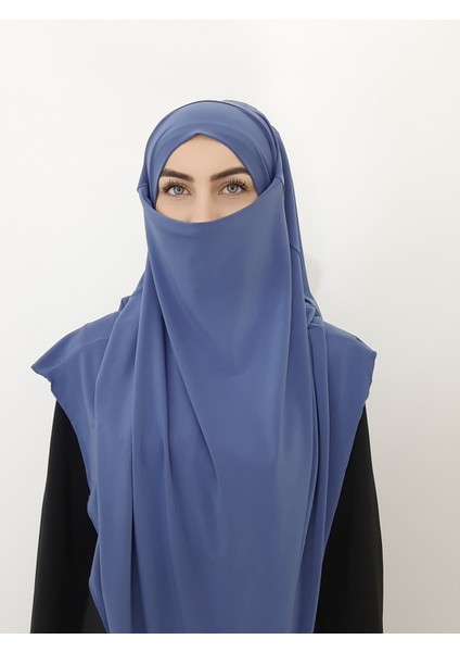 Sufle Hazır Baglamalı Büyük Esarp Hijap Hac Umre Icin Uygundur Sandy Kumas Indigo